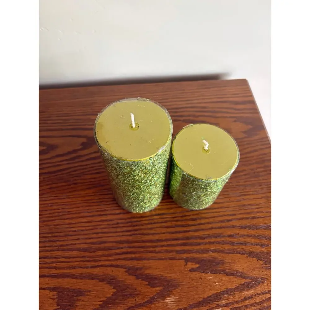 Celebrate It Sequin Shiny Green Decorative Halloween Pillar Candles 2PK